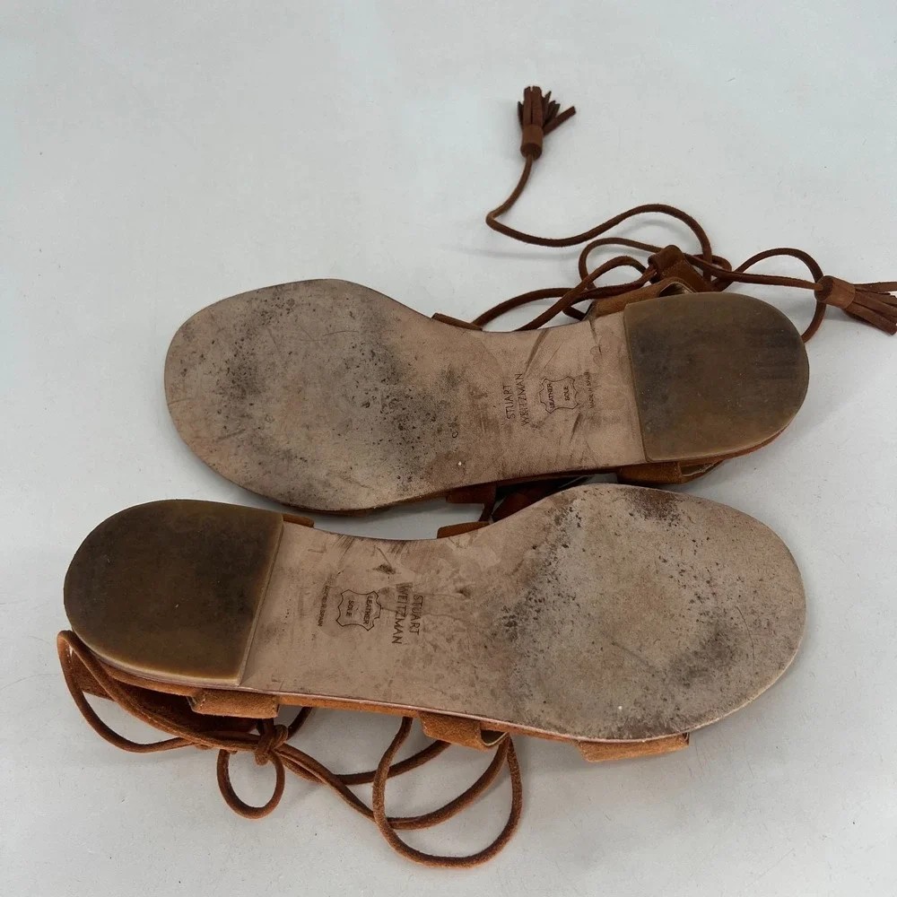 Stuart Weitzman Suede Roman Gladiator Flat Tie Womens 7.5 Brown